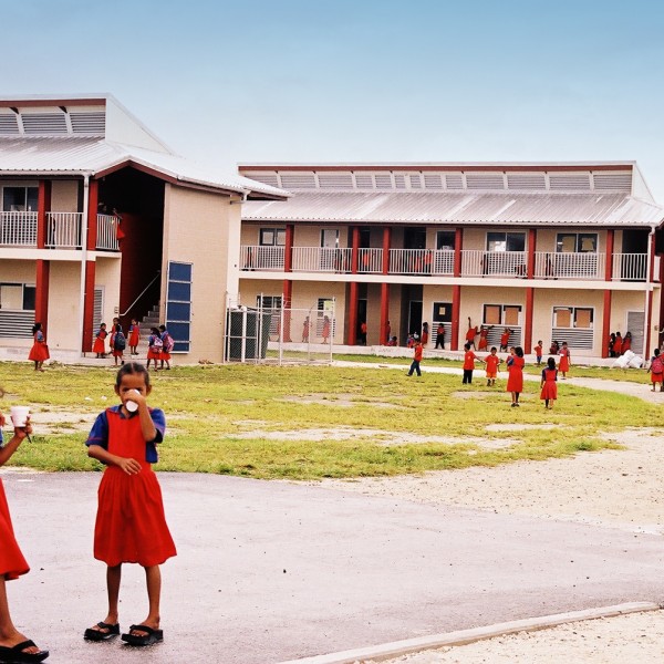 Marshallese students in front of their new school Marshallese students in front of their new school